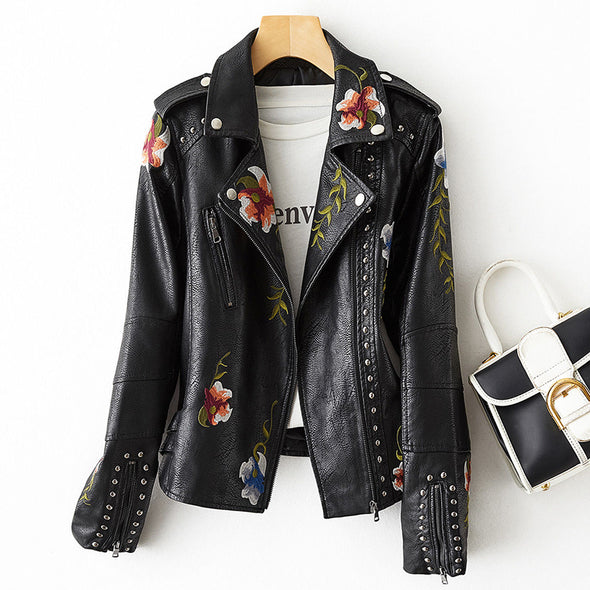 Emilia-Calou Retro Floral Print Leather Jacket